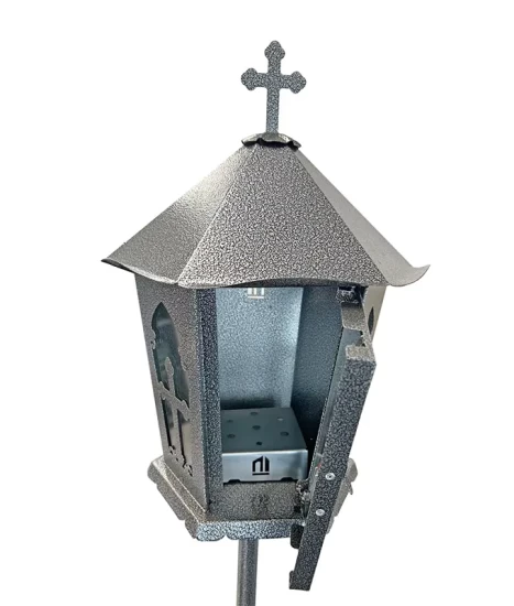 Felinar metalic pentru cimitir, GRS F3G, vopsit electrostatic gri-argintiu, cu picior,