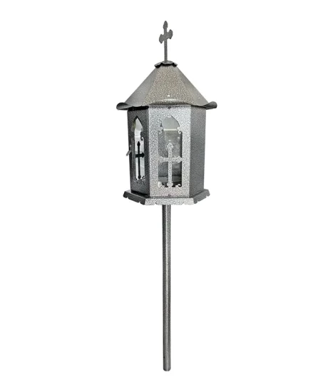 Felinar metalic pentru cimitir, GRS F2G, vopsit electrostatic gri-argintiu, cu picior