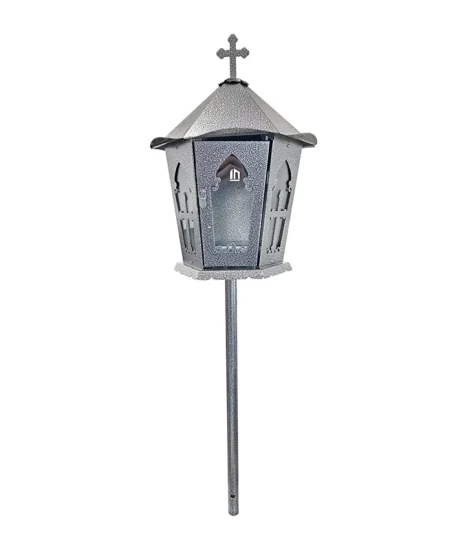 Felinar metalic pentru cimitir, GRS F3G, vopsit electrostatic gri-argintiu, cu picior,
