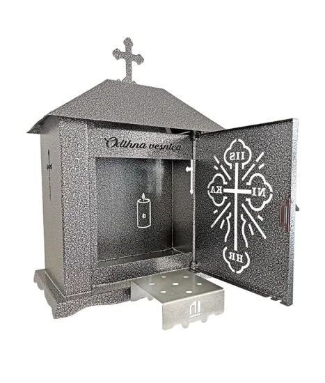 Felinar metalic pentru cimitir, GRS F5U1G cu ușă, vopsit electrostatic gri-argintiu, fără picior