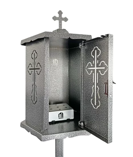 Felinar metalic pentru cimitir, GRS F9G, vopsit electrostatic gri-argintiu, cu picior