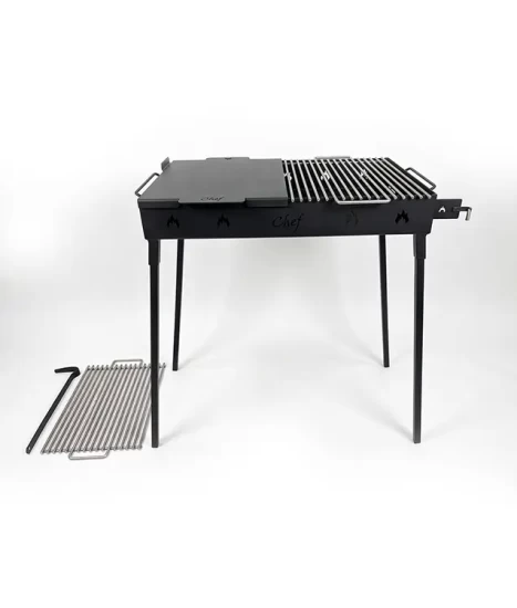 Grătar metalic de curte și grădină model W, 70 x 45 x 85 cm, pe cărbuni, cu picioare detașabile, două grilluri și o plită