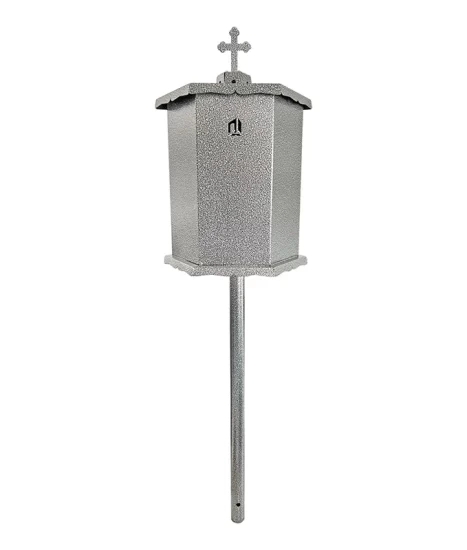 Felinar metalic pentru cimitir, GRS F9G, vopsit electrostatic gri-argintiu, cu picior