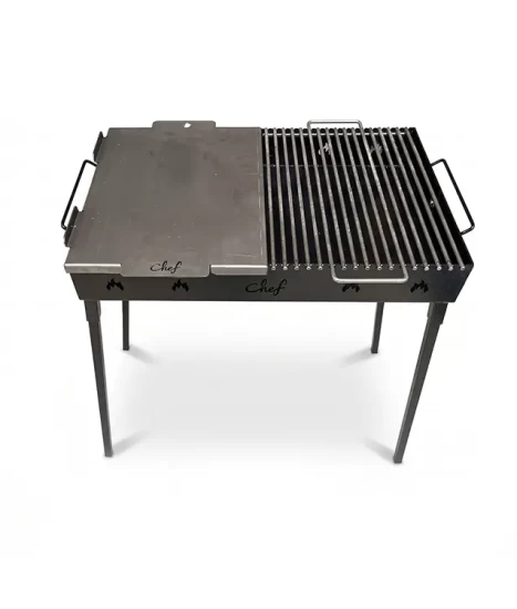 Grătar metalic de curte și grădină model W, 70 x 45 x 85 cm, pe cărbuni, cu picioare detașabile, două grilluri și o plită