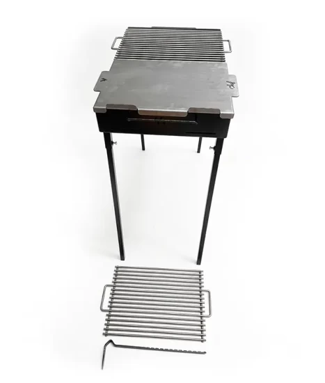 Grătar metalic de curte și grădină model W, 70 x 45 x 85 cm, pe cărbuni, cu picioare detașabile, două grilluri și o plită
