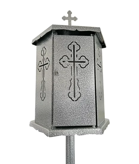 Felinar metalic pentru cimitir, GRS F9G, vopsit electrostatic gri-argintiu, cu picior
