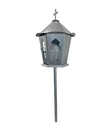 Felinar metalic pentru cimitir, GRS F3G, vopsit electrostatic gri-argintiu, cu picior,