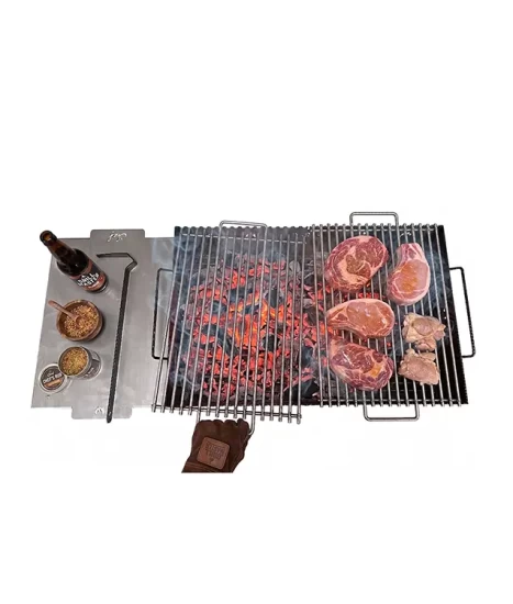Grătar metalic de curte și grădină model W, 70 x 45 x 85 cm, pe cărbuni, cu picioare detașabile, două grilluri și o plită