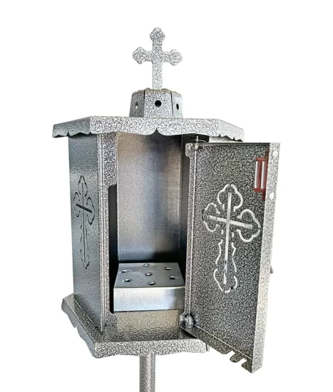 Felinar metalic pentru cimitir, GRS F8G, vopsit electrostatic gri-argintiu, cu picior