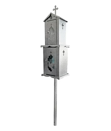 Felinar metalic pentru cimitir, GRS F7G, vopsit electrostatic gri-argintiu, cu picior