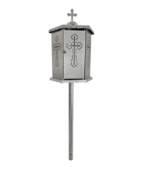 Felinar metalic pentru cimitir, GRS F9G, vopsit electrostatic gri-argintiu, cu picior
