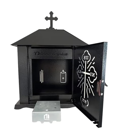 Felinar metalic pentru cimitir, GRS F5U1N cu usă, vopsit electrostatic negru, fără picior