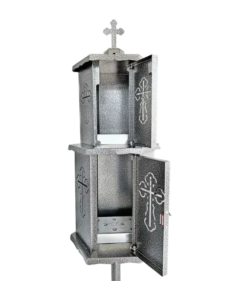 Felinar metalic pentru cimitir, GRS F10G, vopsit electrostatic gri-argintiu, cu picior