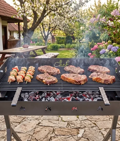 Grătar metalic de grădină și camping model Y, 83 x 39 x 96 cm, pe cărbuni, cu picioare detașabile