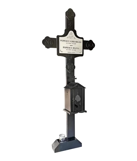 Bază metalică decorativă pentru cruce cimitir cu felinar GRS-BZCR3, 40x12 cm, neagră