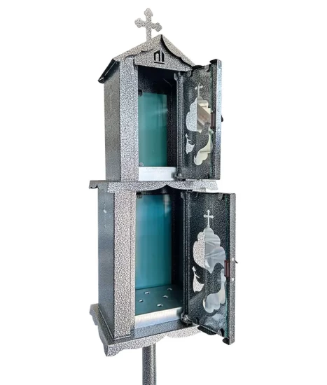 Felinar metalic pentru cimitir, GRS F7G, vopsit electrostatic gri-argintiu, cu picior