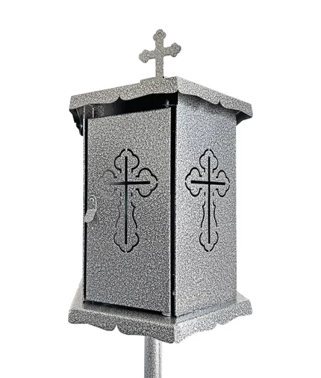 Felinar metalic pentru cimitir, GRS F8G, vopsit electrostatic gri-argintiu, cu picior