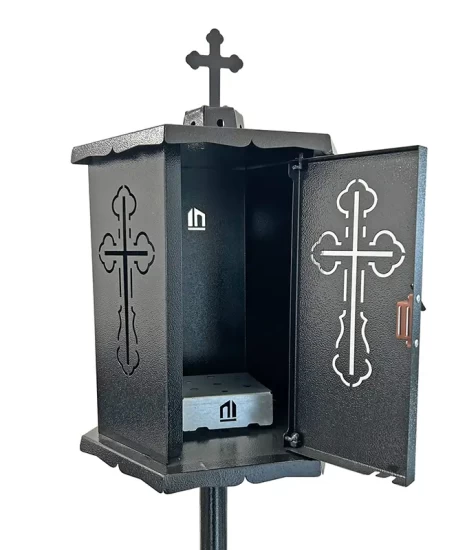 Felinar metalic pentru cimitir, GRS F9N, vopsit electrostatic negru, cu picior