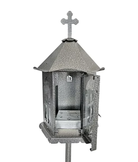 Felinar metalic pentru cimitir, GRS F2G, vopsit electrostatic gri-argintiu, cu picior