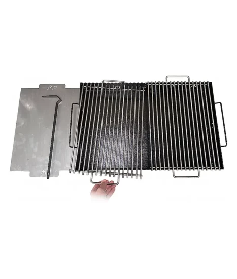 Grătar metalic de curte și grădină model W, 70 x 45 x 85 cm, pe cărbuni, cu picioare detașabile, două grilluri și o plită