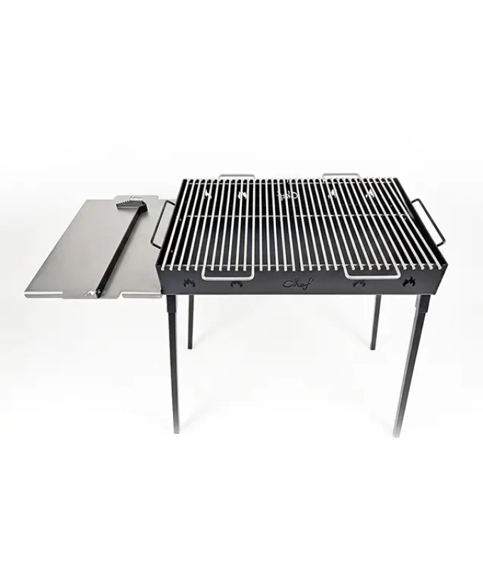 Grătar metalic de curte și grădină model W, 70 x 45 x 85 cm, pe cărbuni, cu picioare detașabile, două grilluri și o plită