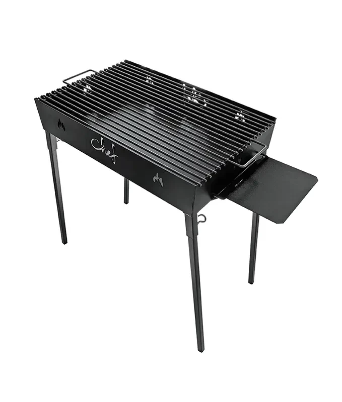 Grătar metalic de grădină și camping model V, 68 x 38 x 77 cm, pe cărbuni, cu picioare detașabile și tăviță suport