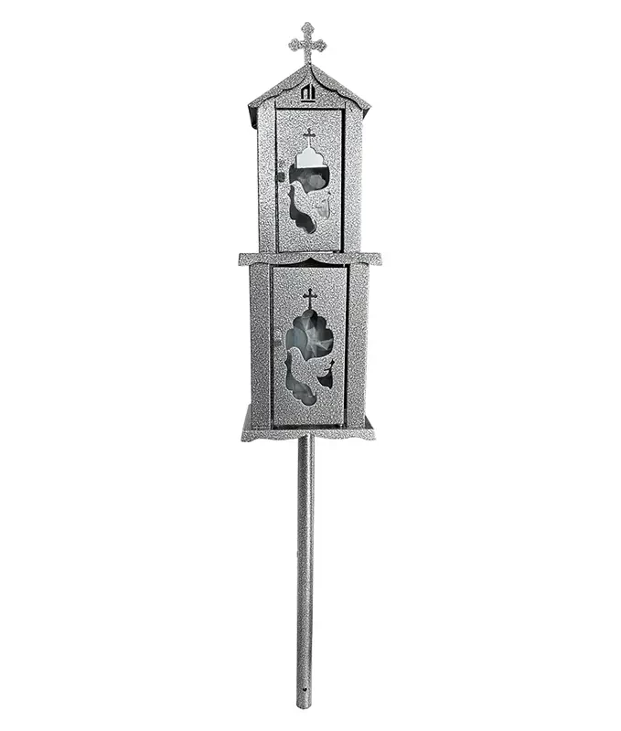 Felinar metalic pentru cimitir, GRS F7G, vopsit electrostatic gri-argintiu, cu picior
